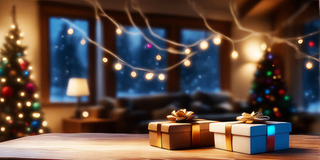 Wooden table and gift decorations with blurred christmas tree background.の素材