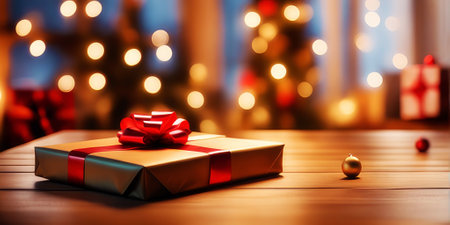 Wooden table and gift decorations with blurred christmas tree background.の素材