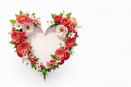 White heart shaped frame decorated with pink and red flowers on white background.の素材