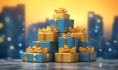 A Stack of Blue and Gold Gift Boxes. Gift Packages. Generative AIの素材