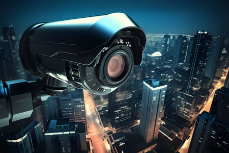 Security CCTV Camera on Modern City. Generative AIの素材