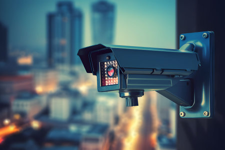 Security CCTV Camera on Modern City. Generative AIの素材
