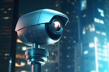 Security CCTV Camera on Modern City. Generative AIの素材