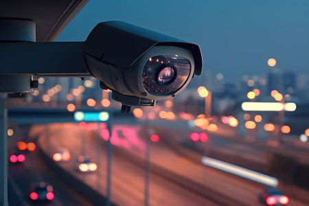 Security CCTV Camera on Modern City. Generative AIの素材