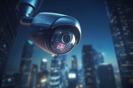 Security CCTV Camera on Modern City. Generative AIの素材