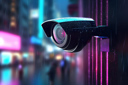 Security CCTV Camera on Modern City. Generative AIの素材