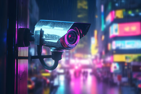 Security CCTV Camera on Modern City. Generative AIの素材