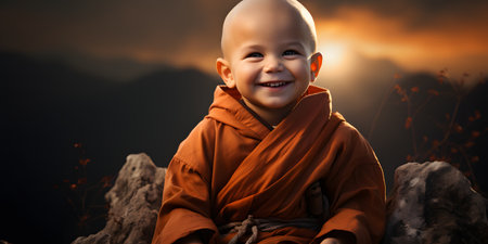 Little monk sitting on a rock and smiling at the camera in the mountainsの素材