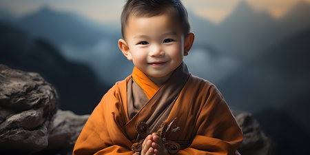 Portrait of a cute asian monk sitting on the rock and smilingの素材