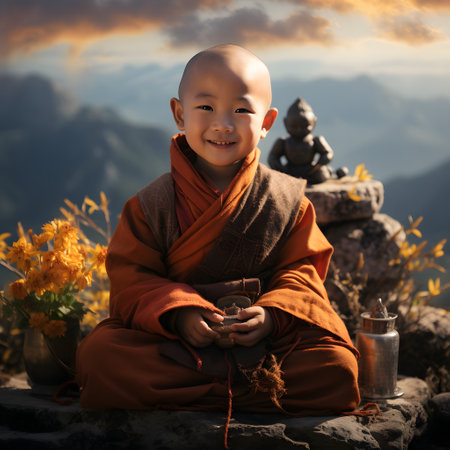 Little buddhist monk sitting on the rock and holding alms bowlの素材