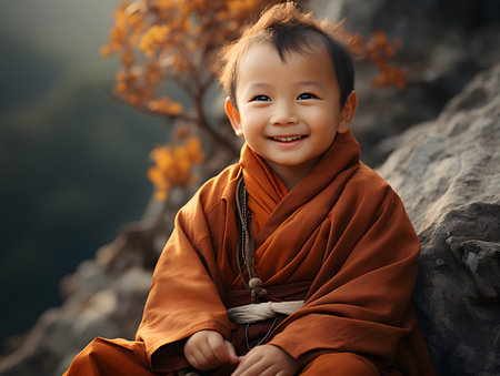 Little asian monk sitting on the rock and smiling at the cameraの素材
