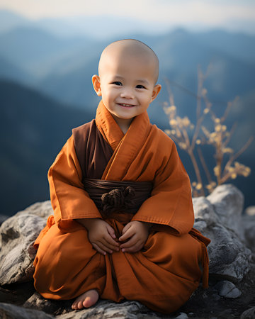 Buddhist monk in orange robe sitting on the top of the mountainの素材