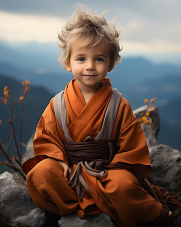 Portrait of a little boy in an orange robe on the top of the mountain.の素材