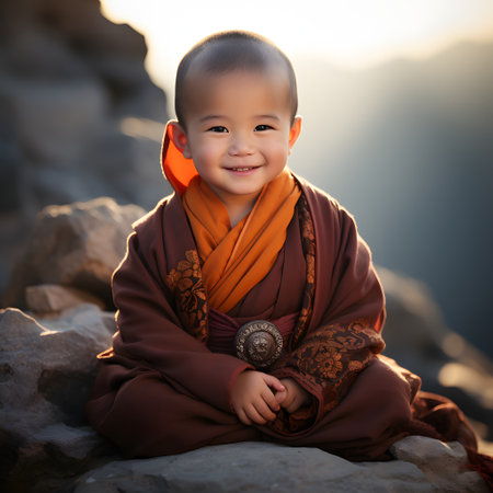 little buddhist monk sitting on the rock with sunset in backgroundの素材