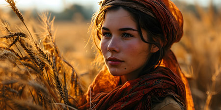 Beautiful girl in a red scarf on a wheat field at sunsetの素材