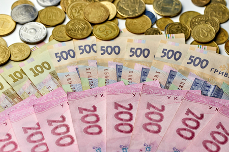 national currency of Ukraine paper and iron money close-up type of cash exchange rate exchange salaryの写真素材