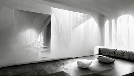 The wall is an abstract illusion made of natural stone, plaster. art picture gallery.の写真素材