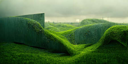 Abstract 3D illustration of illusion of natural stone, grass. art gallery. background of green tonesの写真素材