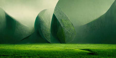 Abstract 3D illustration of illusion of natural stone, grass. art gallery. background of green tonesの写真素材