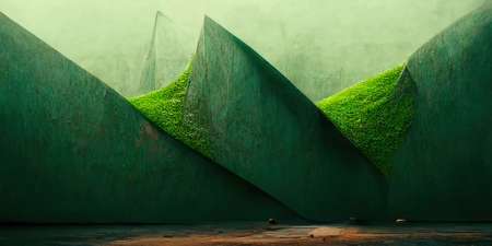 Abstract 3D illustration of illusion of natural stone, grass. art gallery. background of green tones