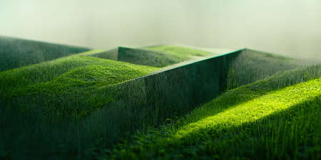 Abstract 3D illustration of illusion of natural stone, grass. art gallery. background of green tonesの写真素材