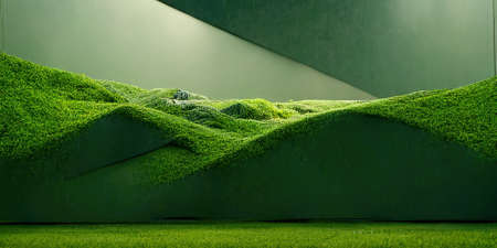 Abstract 3D illustration of illusion of natural stone, grass. art gallery. background of green tonesの写真素材