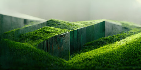 Abstract 3D illustration of illusion of natural stone, grass. art gallery. background of green tonesの写真素材