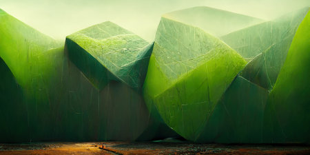 Abstract 3D illustration of illusion of natural stone, grass. art gallery. background of green tones