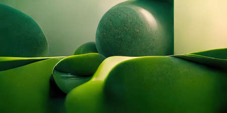 Abstract 3D illustration of illusion of natural stone, grass. art gallery. background of green tonesの写真素材