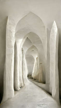 Corridor with columns. Abstract 3D illustration illusion of natural stone, grass. art gallery. background of gray tonesの写真素材