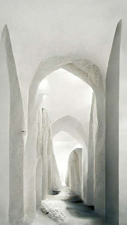 Corridor with columns. Abstract 3D illustration illusion of natural stone, grass. art gallery. background of gray tonesの写真素材