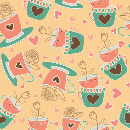 Vector yellow coral pink sage green garden tea party seamless pattern background. Perfect for fabric, scrapbooking, wrapping paper, wallpaper projectsのイラスト素材