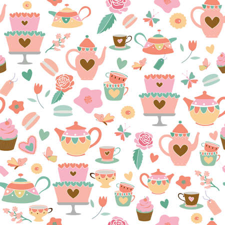 Vector coral pink sage green garden tea party seamless pattern background. Perfect for fabric, scrapbooking, wrapping paper, wallpaper projects. Vector illustration. Surface pattern design.のイラスト素材