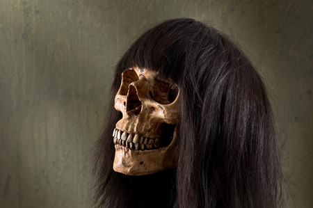 human skull wearing dark brown wigの写真素材