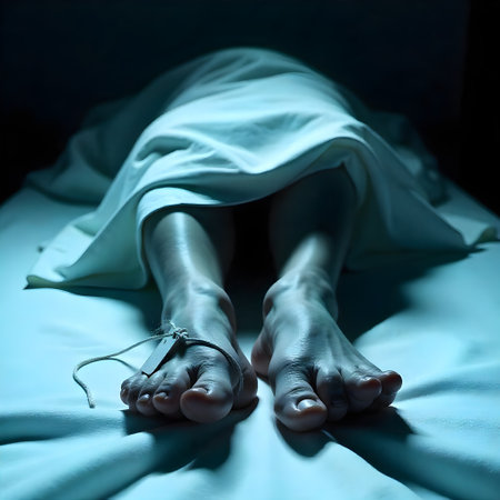 Legs of a woman lying on the bed at night in the darkの素材