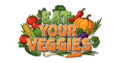 Font design for word eat your veggies with vegetables on white background illustrationの素材