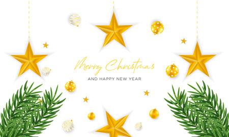 merry christmas and new year background with ball, star and tree decorationのイラスト素材