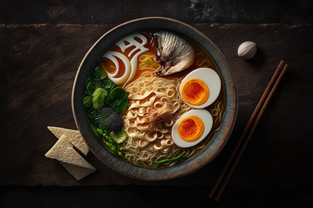 Flat ramen in a bowl setting, generated by AI