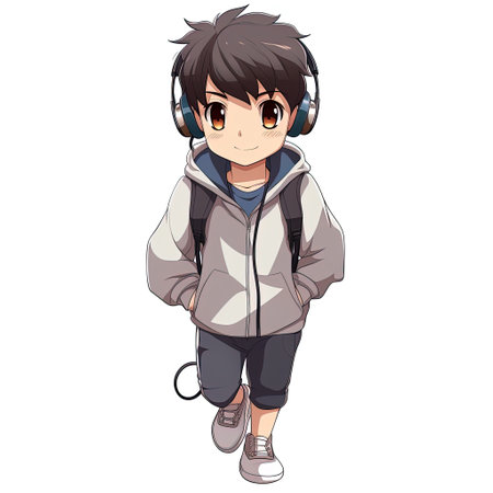 Cool anime boy style with earphones, generated by AIの素材