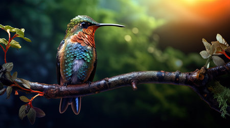Hummingbird perched on a tree branch, generated by AIの素材