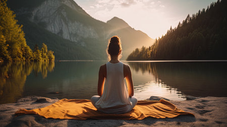 A woman with a yoga mat relaxing from the park to the mountains, generated by AIの素材
