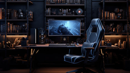 Workspace with a gaming chair, PC, and black concept, generated by AIの素材