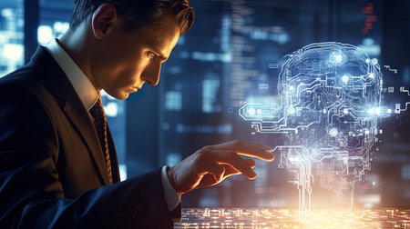 Businessman interacting with artificial intelligence, modern businessの素材