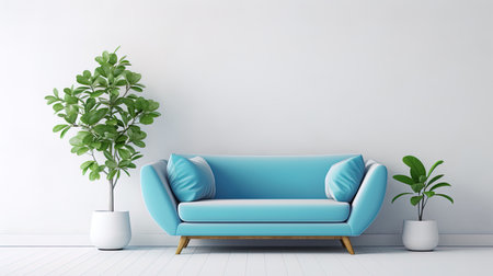 Living room with a blue sofa, plant, and table, generated by AIの素材