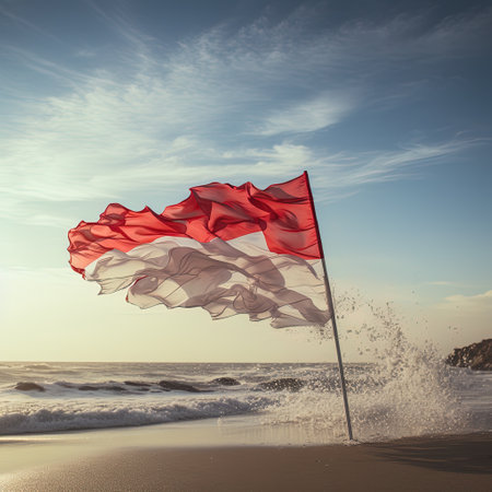 Indonesian flag for Independence Day at the beach, generated by AIの素材