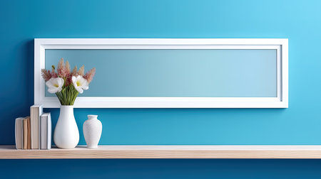 Photo framed in white from a wooden frame on a blue wall, generated by AIの素材