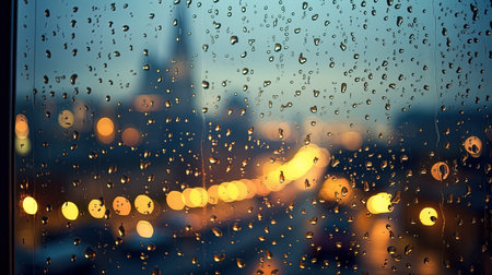 Rain on the window with a cityscape at night, generated by aiの素材