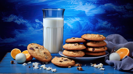 Cookies and milk on the table with a blue background, generated by AIの素材
