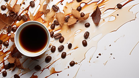 A cup of black coffee with coffee beans scattered in the background on a white backgroundの素材