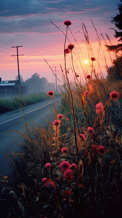 Photo of flowers on the roadside with a sunset and road in the background, generated by AIの素材